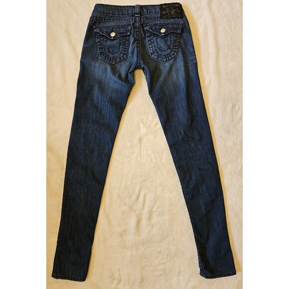 True Religion Julie Super T Jeans Womens 29 Dark Wash Thick Purple Stitch Y2K - Picture 4 of 15